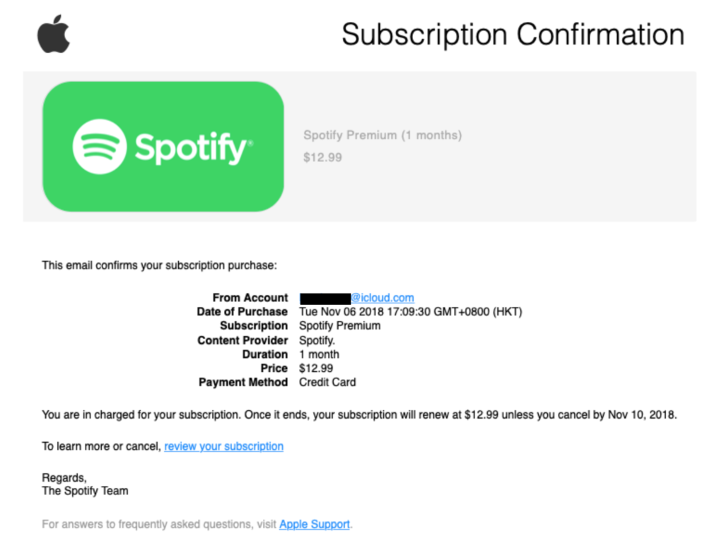 A fake Spotify phishing subscription confirmation from the app store