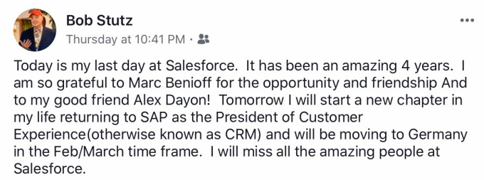 Bob Stutz Facebook announcement