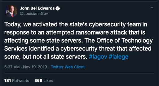 image of louisiana ransomware attack tweet