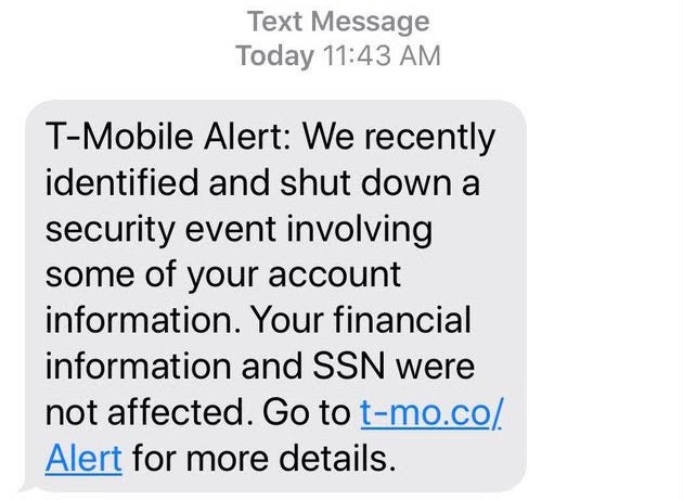image of text message alert from T-Mobile to customers stating that a data breach had occurred