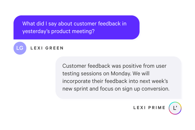 Luther.ai search results recalling what person said at meeting the other day about customer feedback.