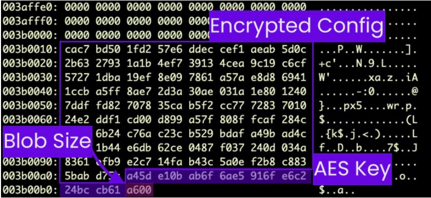 An encrypted blob of data is appended to the malicious binary that contains configuration data such as the C2 IP address