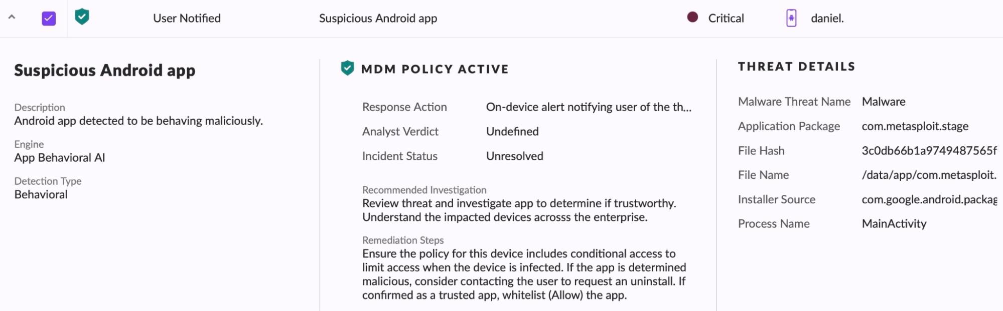 Singularity Mobile and Microsoft Intune suspicious android app