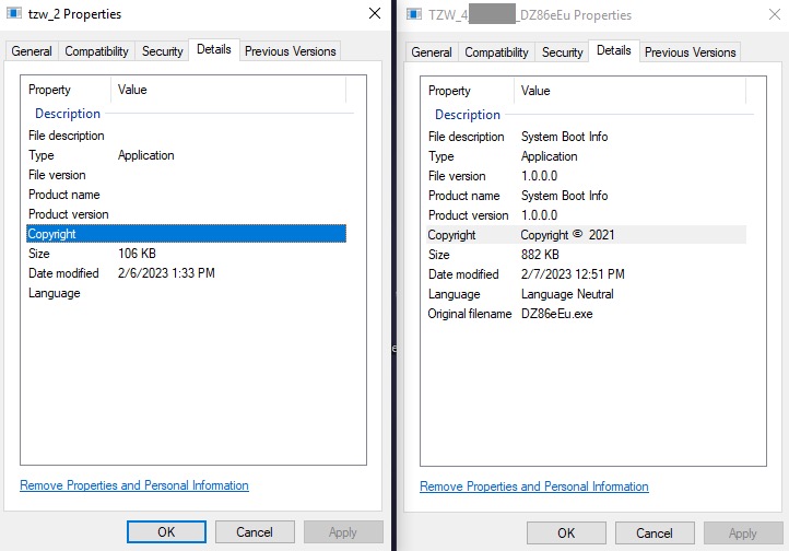 Two TZW payloads, varied file metadata