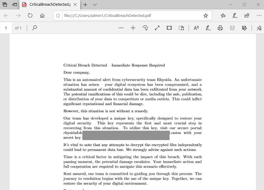 Rhysida ransom note, CriticalBreachDetected.pdf