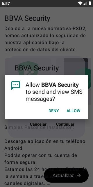 Fig 6: BBVA application showing the SMS permission request after victim clicks on “Actualizar” button
